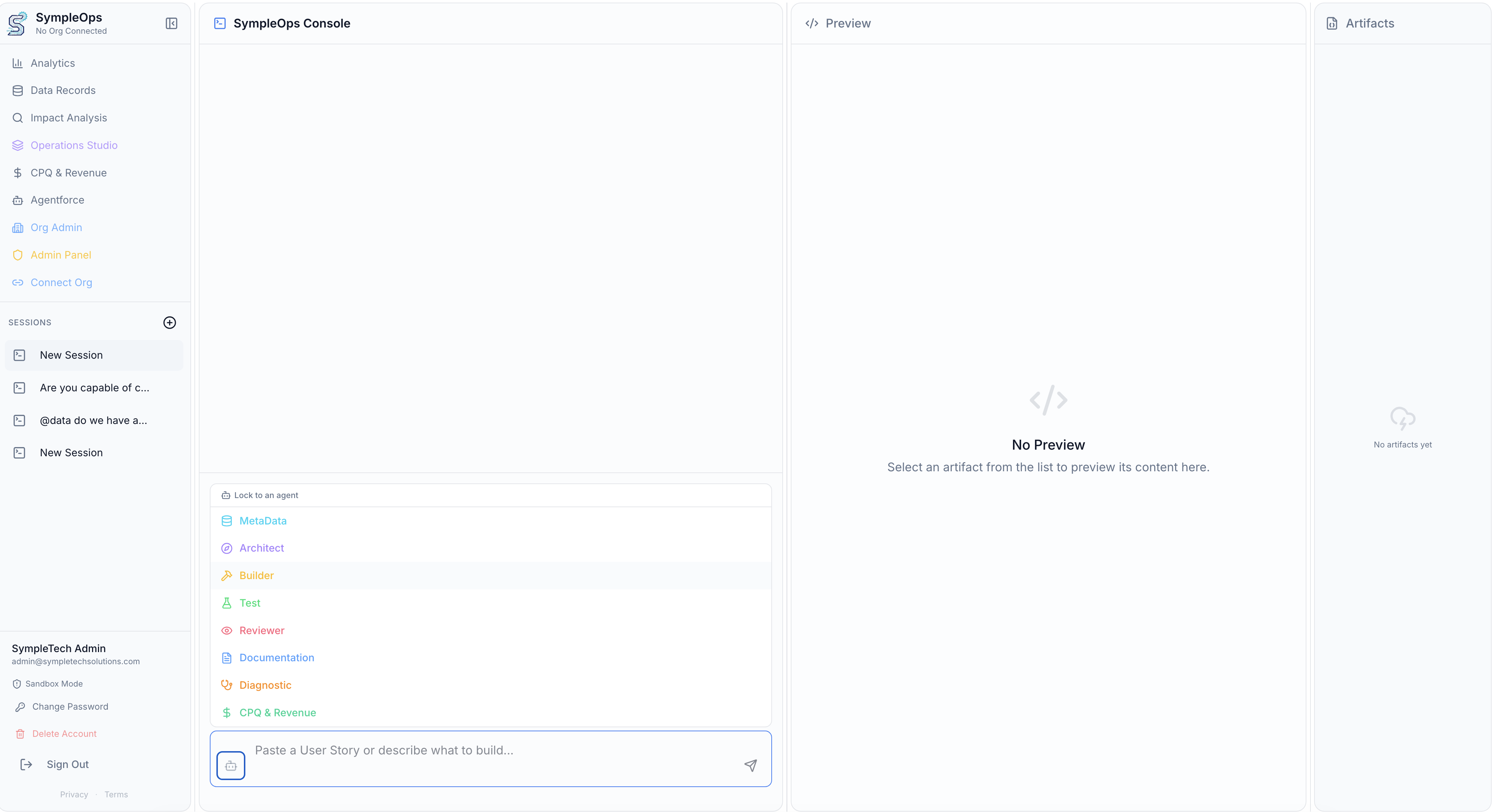SympleOps AI Solution Factory showing a lock-to-agent menu with build, testing, review, documentation, diagnostic, and CPQ agents