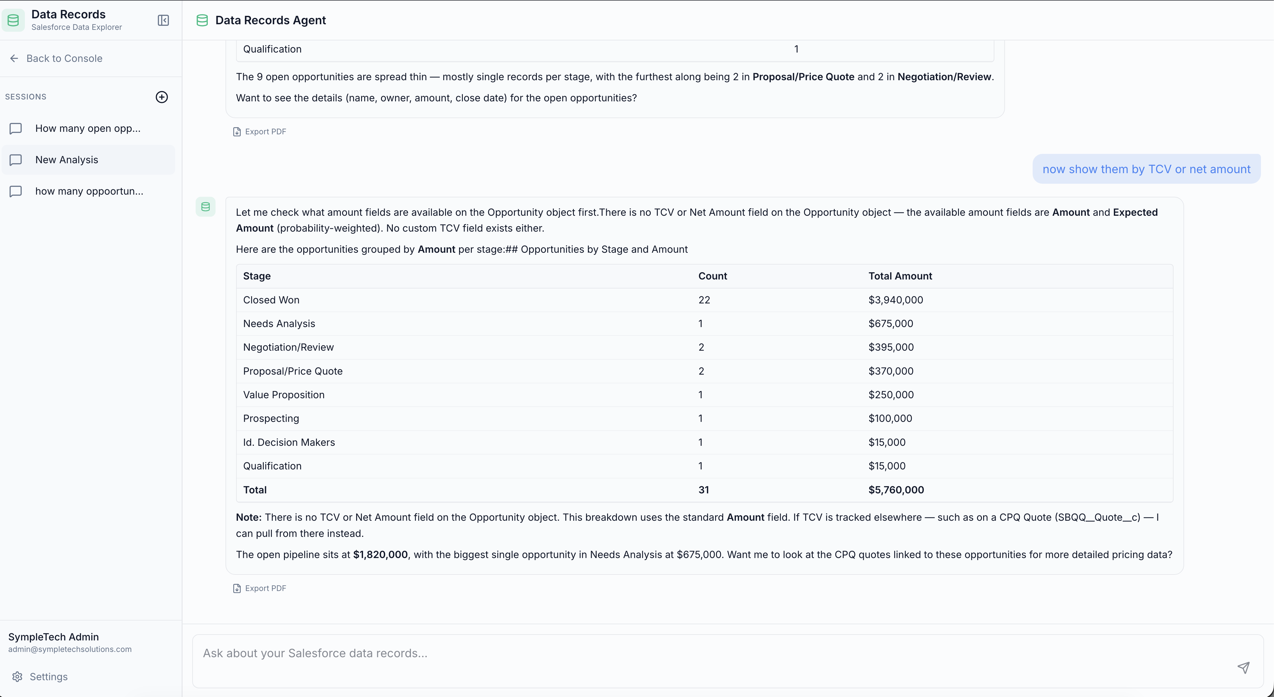 Data Records Agent answering a Salesforce opportunity analysis question with grouped stage amounts